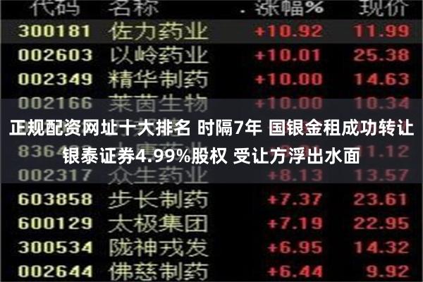 正规配资网址十大排名 时隔7年 国银金租成功转让银泰证券4.99%股权 受让方浮出水面